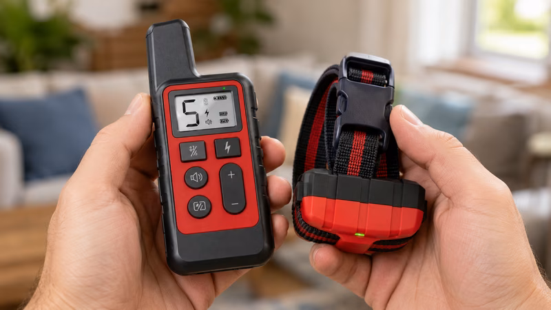 Nahaufnahme des modernen Kynologix-Hundetrainingsgeräts und seiner eleganten, professionellen Produktverpackung.