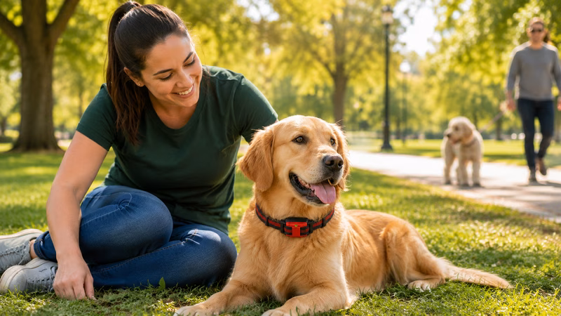 Frustrated dog owner struggling with a barking puppy, highlighting the need for Kynologix professional dog training.