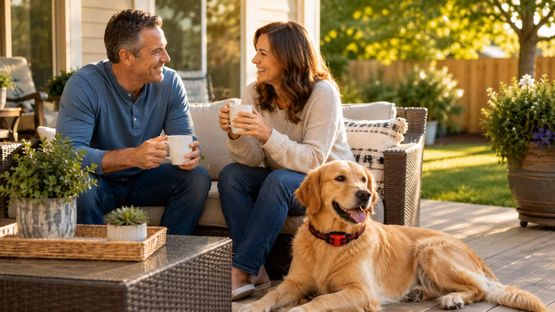 A calm, obedient dog walking beside its owner using the Kynologix pet care and training system.